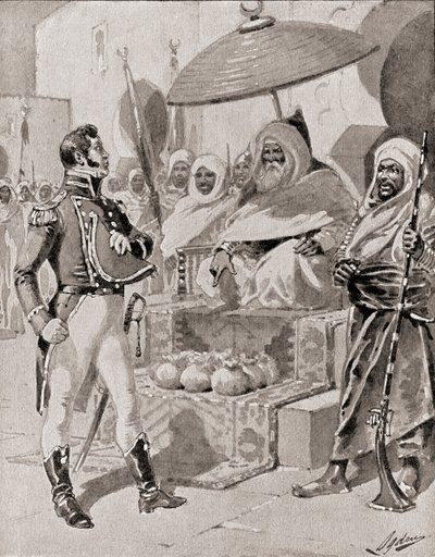 Captain William Bainbridge paying the tribute to the Dey of Algiers to secure exemption from capture for U.S. merchant ships in the Mediterranean in 1800, from The History of Our Country, published 1905 by Henry Alexander Ogden